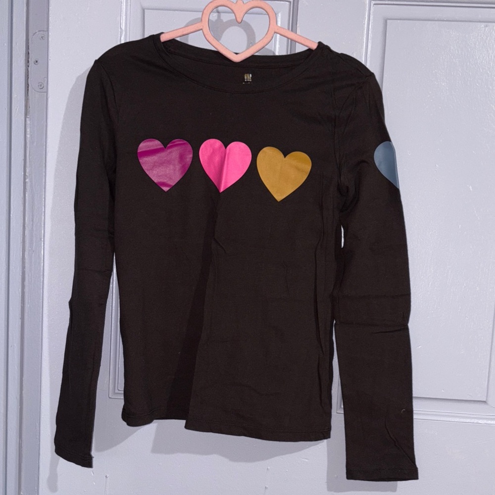 GAP Black Long Sleeve Tee with Colorful Heart Design